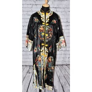 ESME Chinese Silk Asian Black Floral Embroidered Kimono Robe Duster Jacket